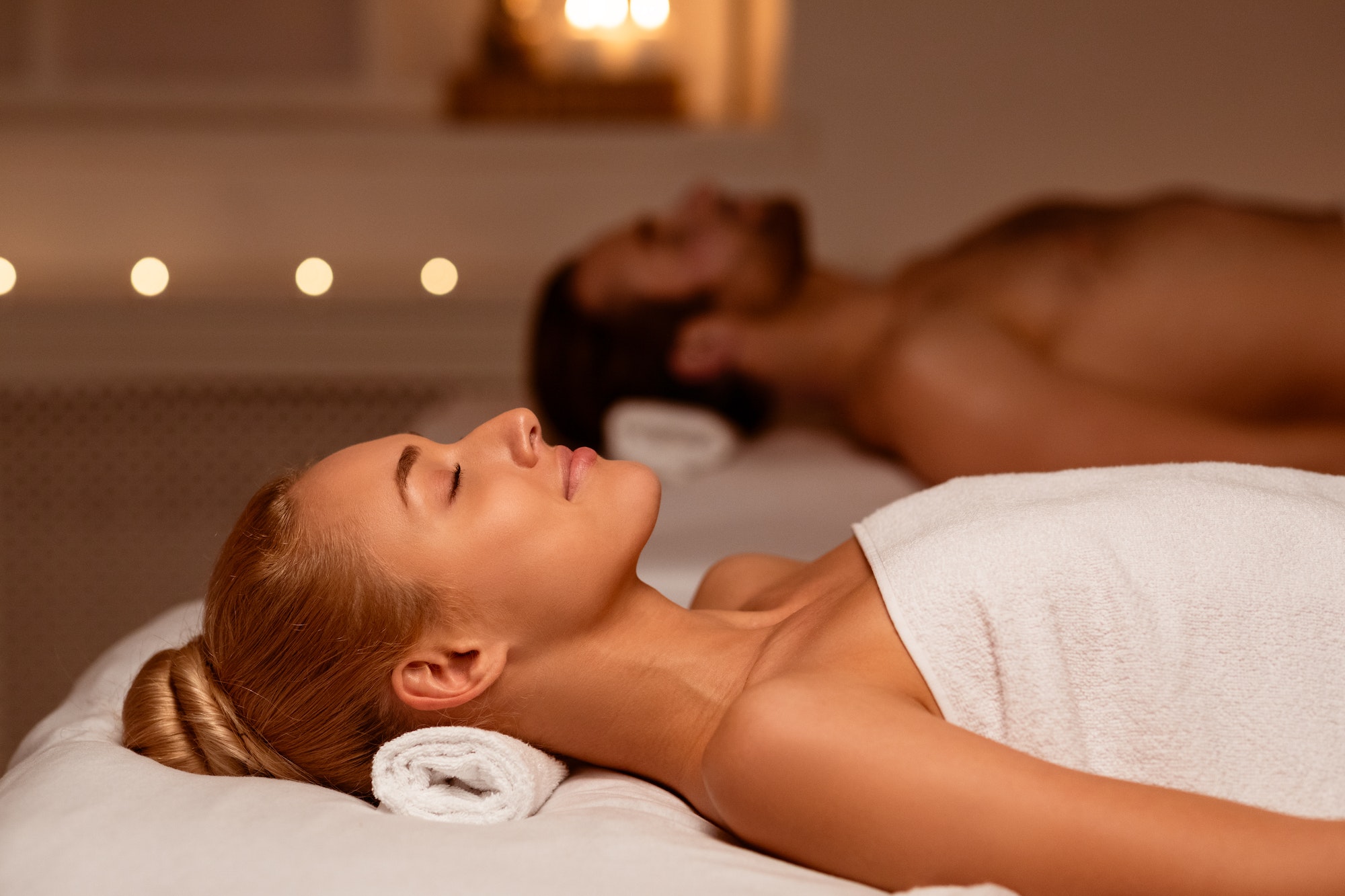 Spouses Resting After Body Beauty Treatment Lying In Luxury Spa Spouses Resting After Body Beauty Treatment Lying In Luxury Spa